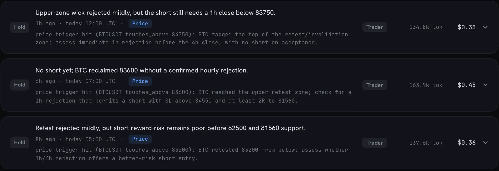 Three runs of the public agent in the app on 29 September 2026. Each was woken by a price alarm the agent set, each ended with a decision to hold and its reason, and each shows its token count and cost: $0.35, $0.45 and $0.36.